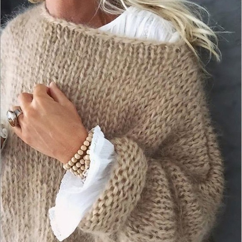 Women's  Sweater Pullover Fuzzy Jumper Crew Neck Ribbed Knit Knitted Fall Winter Outdoor Daily Weekend Casual Soft Long Sleeve Pure Color Pink Khaki2