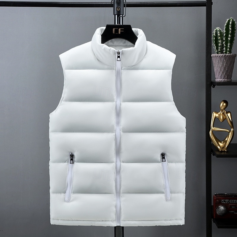 Men's Puffer Vest Padded Gilet Quilted Vest Daily Date Vacation Fashion Casual Fall & Winter Pocket Polyester Warm Comfortable Solid Color Zipper Stand Collar Regular Fit Black White Red Dark Blue