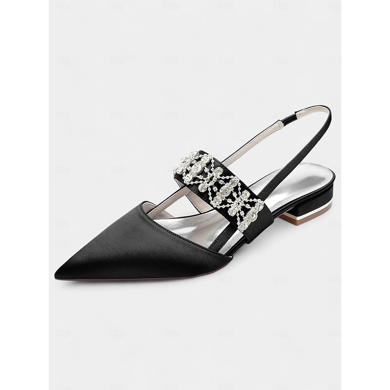 Women's Satin Slingback Flats with Rhinestone Embellished Straps – Elegant Pointed-Toe Low-Heel Shoes for Formal Events2