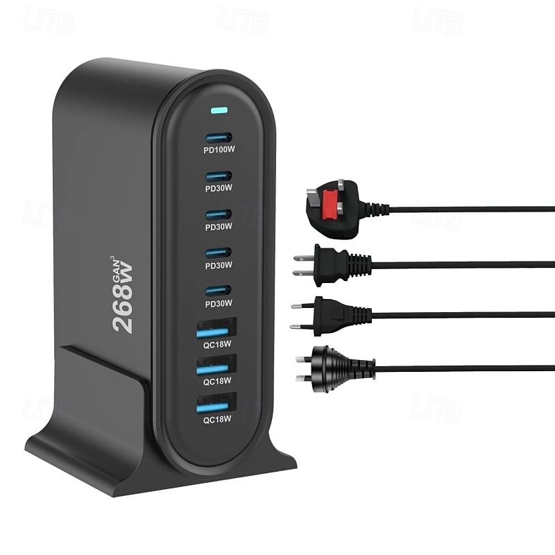 268W Multi-Port USB Charger USB C Fast Charger 8-Port Charging Station Hub Fast Compact GaN Charger Power Adapter2