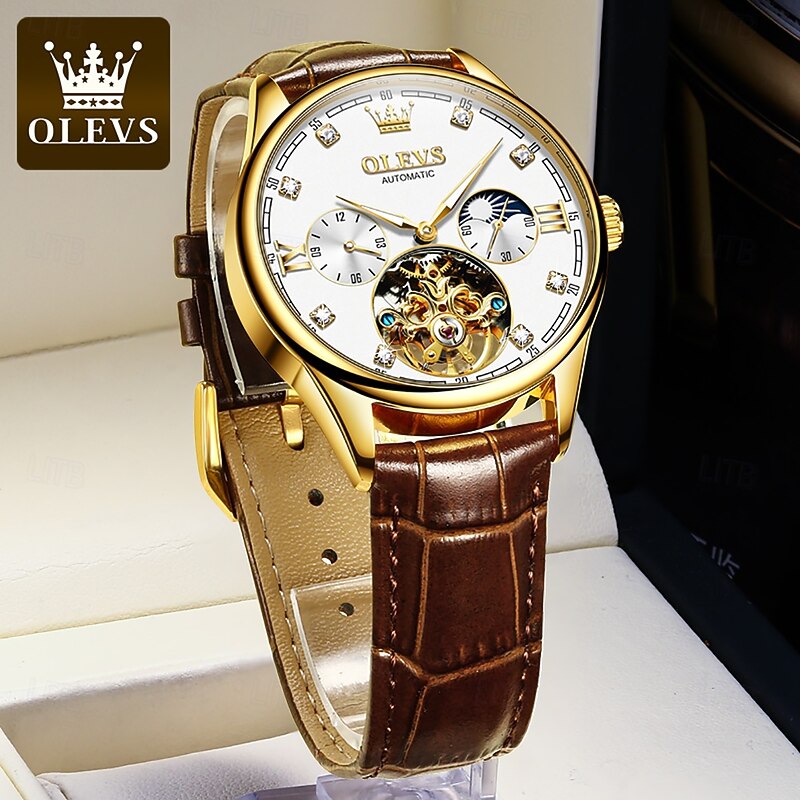 OLEVS Men Mechanical Watch Fashion Casual Wristwatch Automatic Self-winding Moon phase Luminous Waterproof Leather Watch2