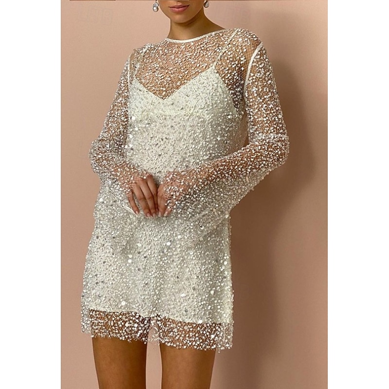 Women's Mini Dress Sequin Dress Vintage Dress Elegant Dress Elegant Retro Daily Evening Party Holiday Regular Fit Polka Dot Long Sleeve V Neck White Fall Winter2