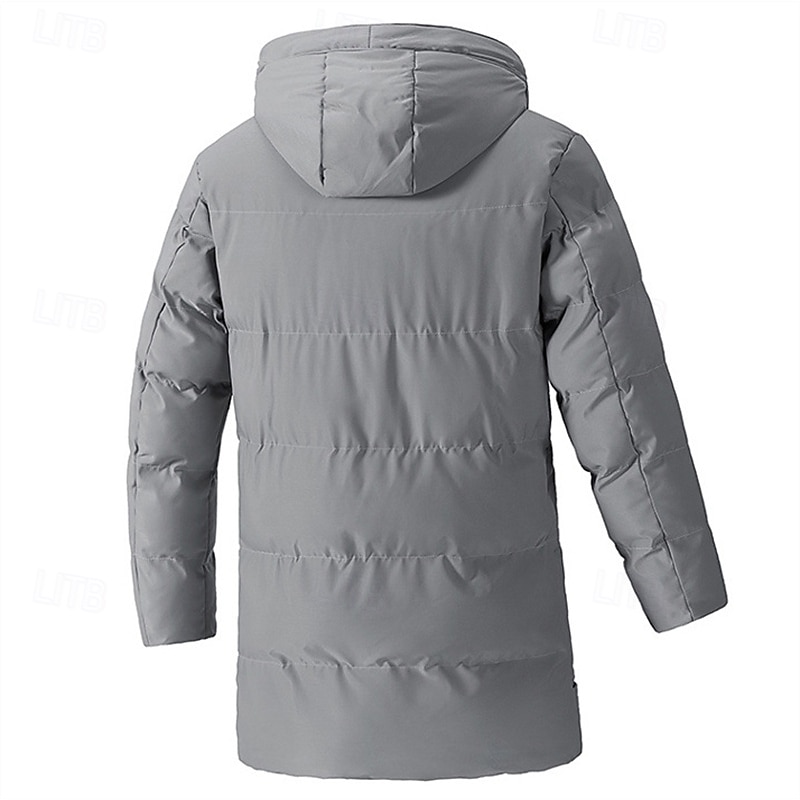 Men's Winter Jacket Puffer Jacket Hoodie Jacket Parka Pocket Polyster Fleece lined Daily Wear Date Vacation Long Fashion Casual Comfortable Thermal Warm Fall & Winter Solid / Plain Color Black Army2