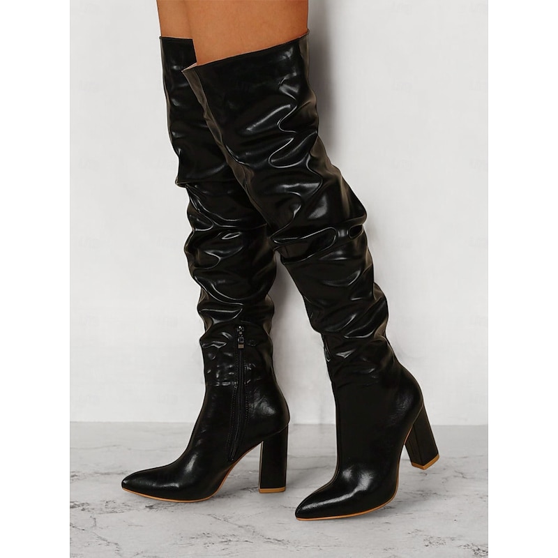 Women's Black Slouchy Over-the-Knee Boots – Stylish Pointed Toe with Block Heel for Winter Fashion and Evening Outfits