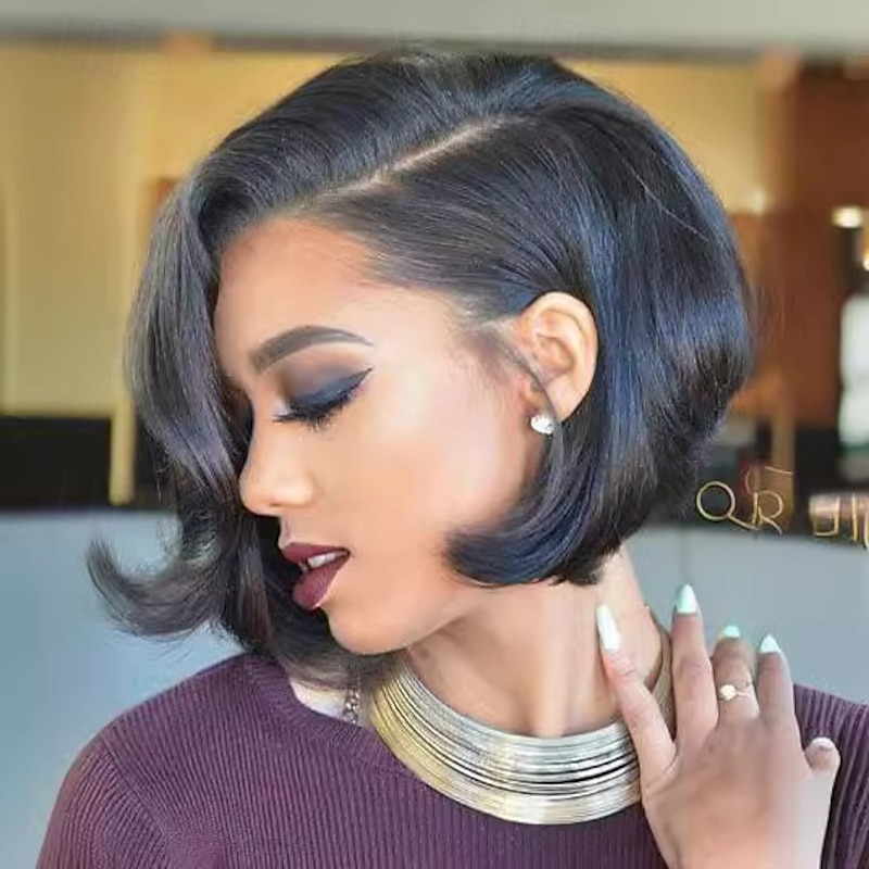 Synthetic Wig Body Wave Asymmetrical Wig Short Black Synthetic Hair Women's Fashionable Design Soft Natural Black3