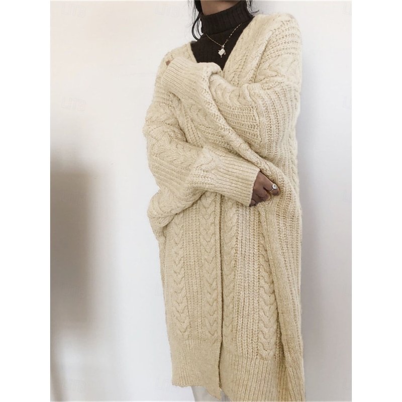 Women's Sweater Cardigan Casual Soft Pure Color Cable Open Front Knitted Long Sleeve Long Tops Knit Outdoor Daily Weekend Blue Apricot Fall Winter2