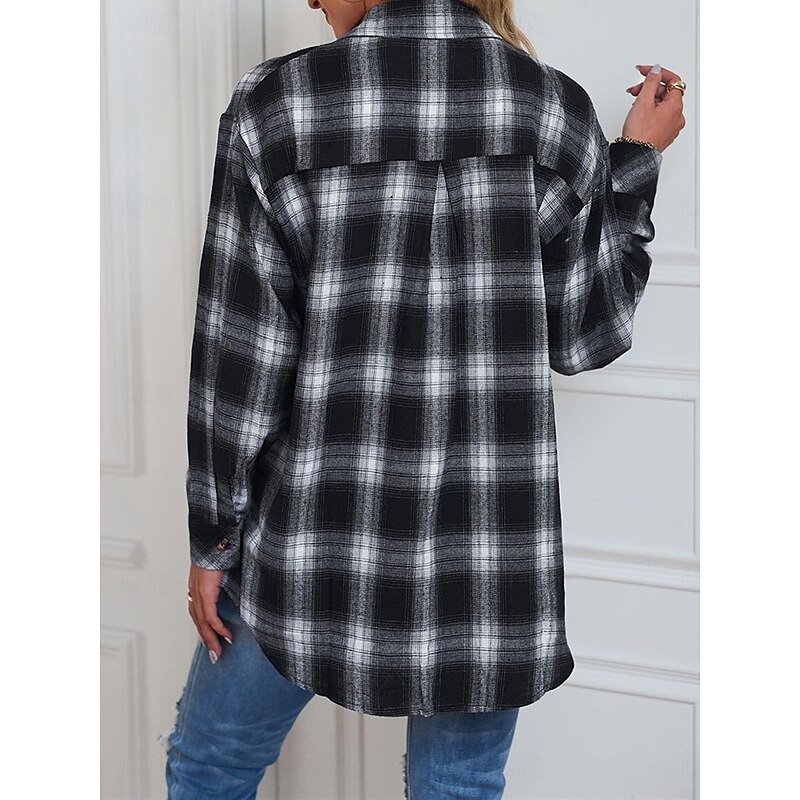 Women's Casual Jacket Outdoor Street Daily Wear Fall Winter Regular Coat Regular Fit Thermal Warm Breathable Stylish Casual Jacket Long Sleeve Stripes and Plaid with Pockets Print Black Red Green2