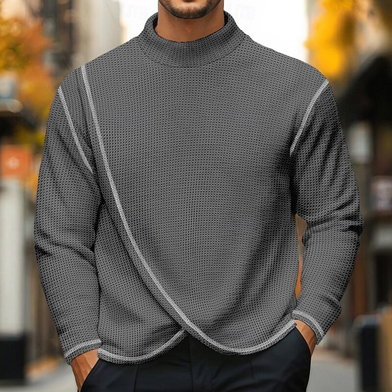 Men's Waffle Shirt Turtleneck shirt Tee Top Long Sleeve Shirt Long Sleeve Turtleneck Standing Collar Spring &  Fall Solid Color Fashion Designer Basic Wrap Vacation Street Going out White Blue Navy4