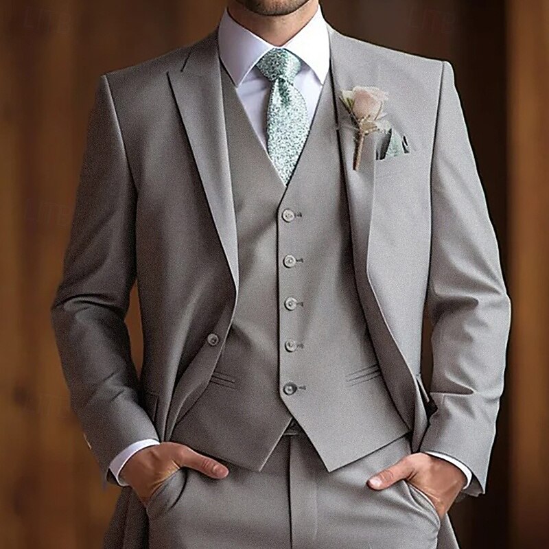 Men's Wedding Party Suits Light Grey Fashion Business Solid Colored Standard Fit 3 Piece Single Breasted One-button
