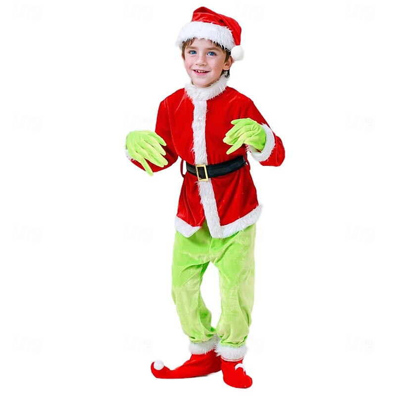 Santa Suit Outfits Christmas Dress Cosplay Costumes Boys' Girls' Christmas Cosplay Costume Kid's Christmas Carnival Masquerade Christmas Party Top Pants Gloves Belt Shoes2