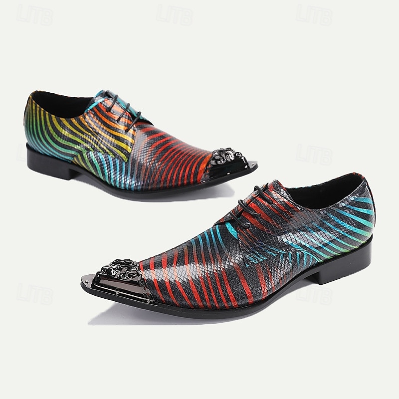 Men's Multicolor Snakeskin Leather Dress Shoes – Pointed Toe Lace-Up Shoes with Metal Tip for Formal and Fashion-Forward Occasions 5