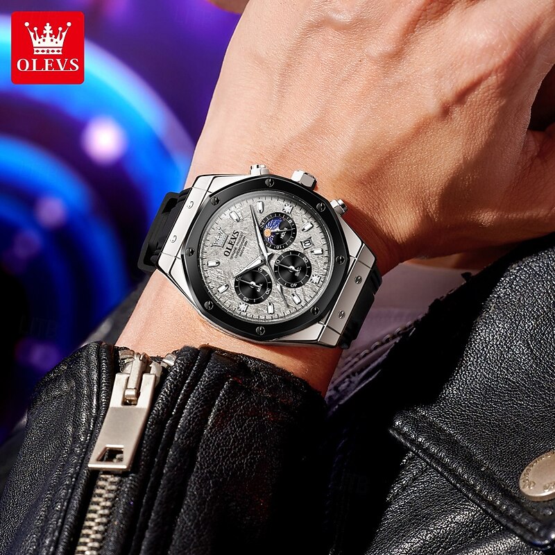 OLEVS 9911 Men's Watches Silicone Strap Waterproof Moon Phase Chronograph Man Watch Luxury Multifunctional Quartz Watch4