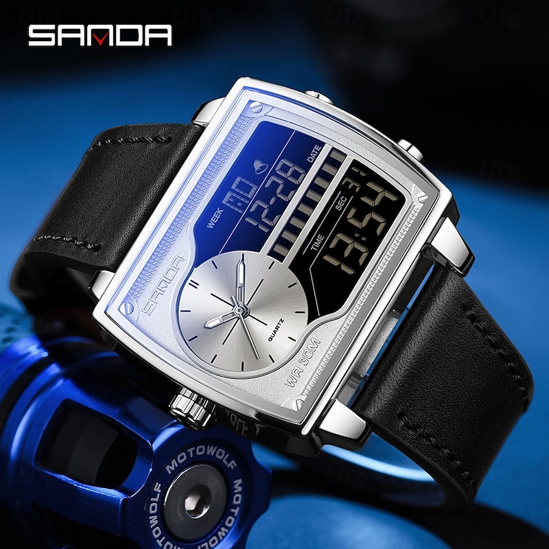 SANDA Men Digital Watch Fashion Casual Wristwatch Shock Resistant Luminous Stopwatch Alarm Clock Countdown Steel Leather Watch3