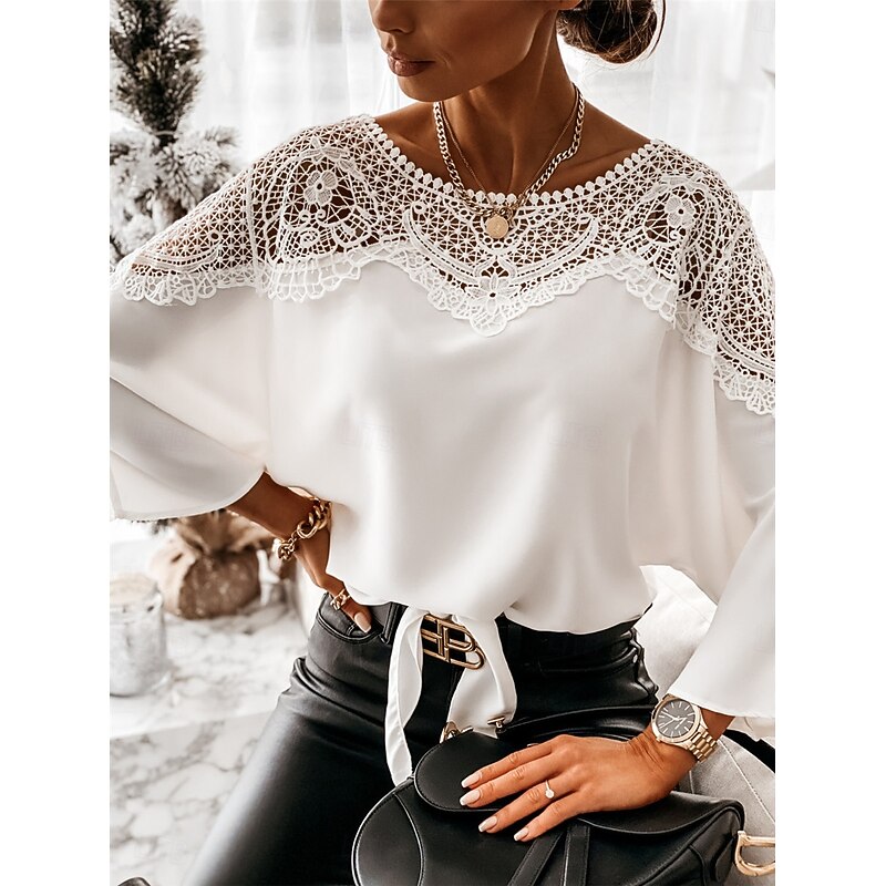 Women's Shirt Blouse Solid Color Basic Casual Long Sleeve Batwing Sleeve Crew Neck Regular Tops Daily Lace Patchwork Black White Fall Winter