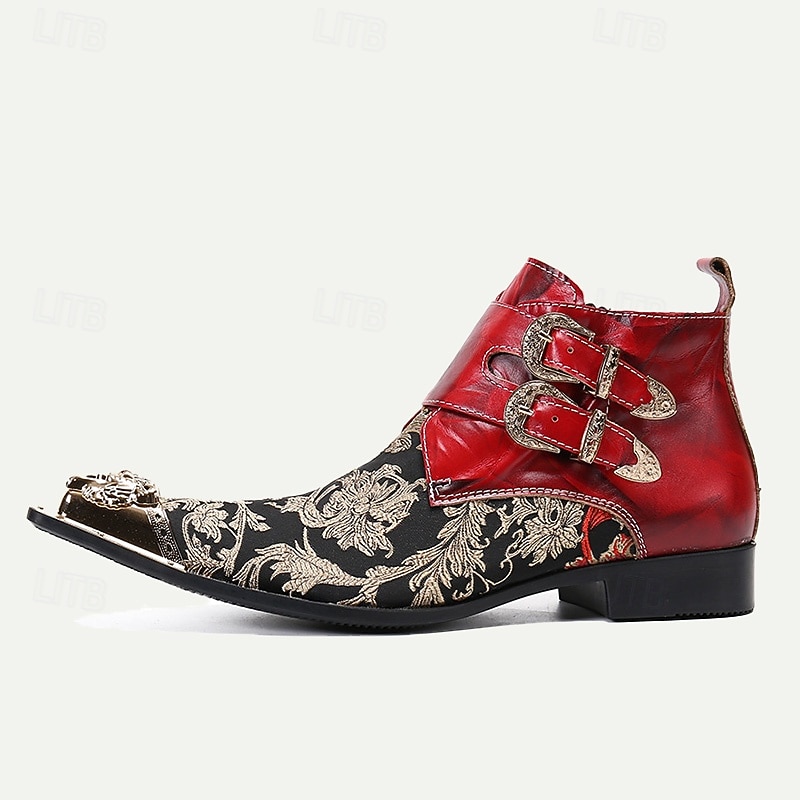 Men's Floral Jacquard Leather Ankle Boots–Premium Cowhide, Red and Black Brocade Design with Gold Tip Double Buckle Straps and Gold-Tipped Decorative Toes2