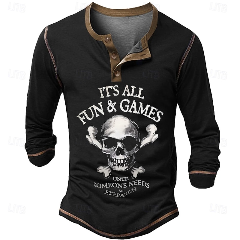 Men's Halloween Skulls Henley Shirt Long Sleeve 3D Print Cowboy Athleisure Street Style Casual Holiday Summer Spring Fall Black Navy Blue Henley Henley T-Shirt2