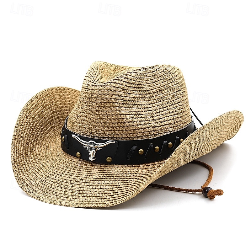 Men's Straw Hat Sun Hat Cowboy Hat Fedora Trilby Hat Black White Straw Rope Vintage Style Fashion 18th Century State of Texas Daily Theme Party Solid / Plain Color Sunscreen Cosplay4
