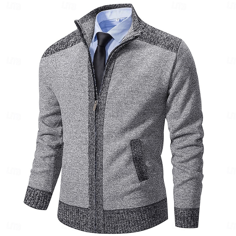 Men's Cardigan Sweater Dress Sweater Fleece Sweater Ribbed Knit Cropped Knitted Color Block Stand Collar Warm Ups Modern Contemporary Daily Wear Going out Clothing Apparel Winter Spring &  Fall Blue