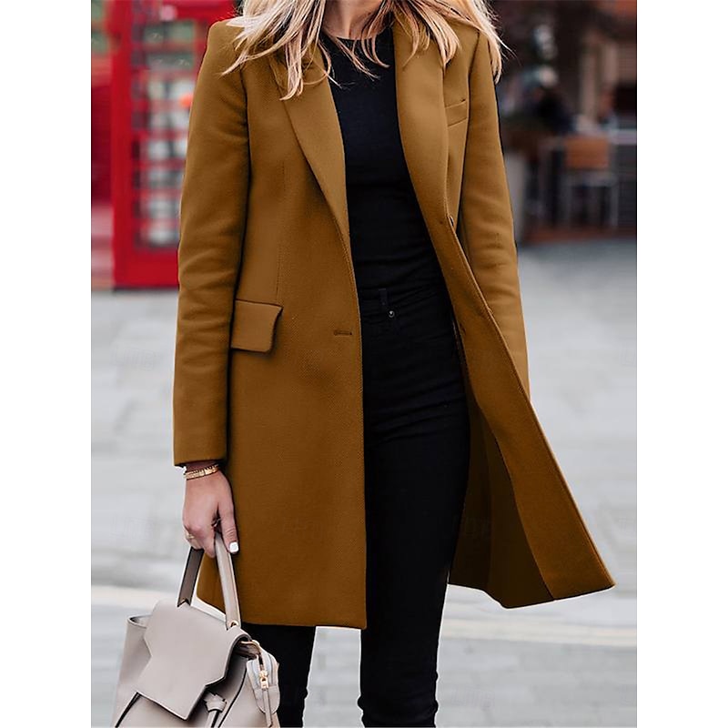 Women's Coat Outdoor Office Street Fall Winter Long Coat Regular Fit Thermal Warm Breathable Stylish Casual Jacket Long Sleeve Plain with Pockets Black Red Coffee