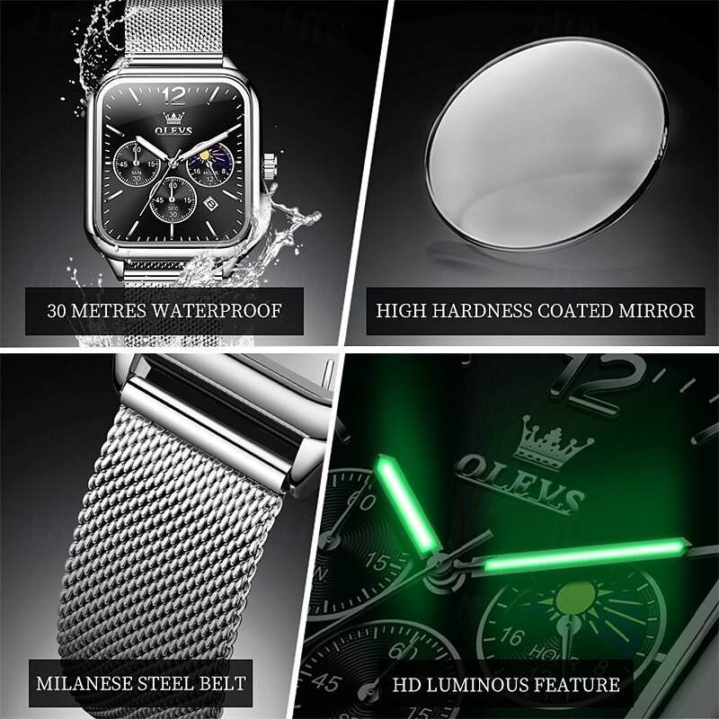 New Olevs Olevs Brand Fashion Trend Men'S Watches Square Dial Luminous Moon Phase Calendar Multi-Function Three-Eye Mesh Belt Moon Phase Quartz Watch Casual Waterproof Sports Men'S Wristwatch2