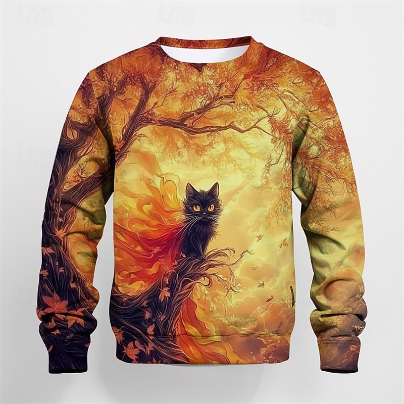 Boys 3D Graphic Cartoon Cat T shirt Tee Long Sleeve Spring Fall Fashion Basic Kids 4-12 Years Crew Neck Outdoor Casual Daily Regular Fit4