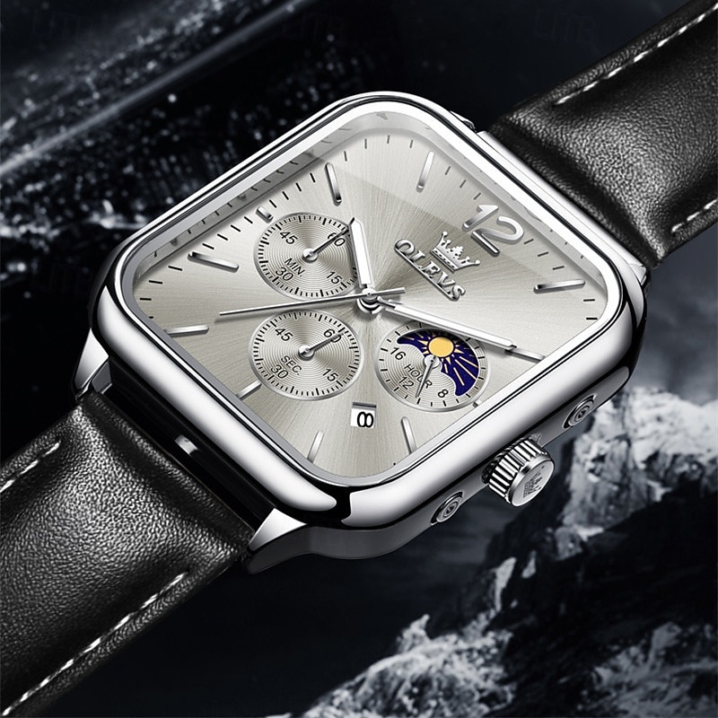 New Olevs Olevs Brand Fashion Trend Men'S Belt Watch Square Dial Luminous Moon Phase Calendar Multifunction Three Eyelids With Moon Phase Quartz Watch Casual Waterproof Sports Men'S Wristwatch4