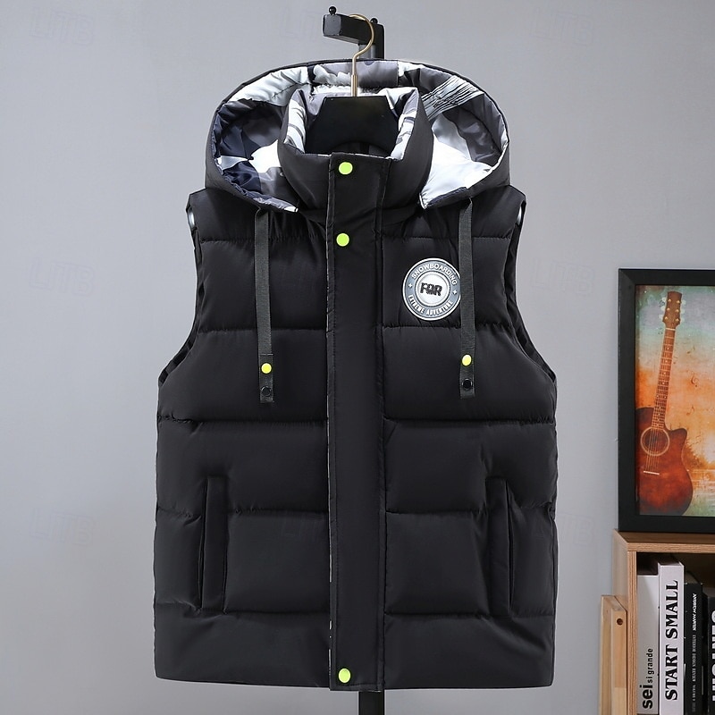 Men's Puffer Vest Hoodie Vest Padded Gilet Quilted Vest Daily Date Vacation Fashion Casual Fall & Winter Pocket Polyester Warm Comfortable Graphic Zipper Hooded Regular Fit Black White Blue Gray Vest2