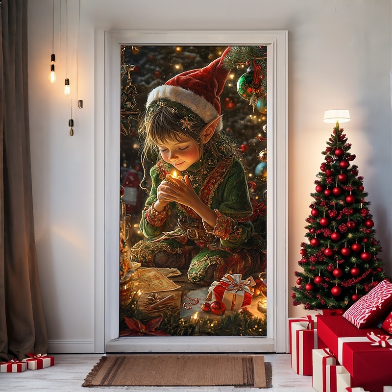 Christmas Door Decorations Door Covers Xmas Elf Door Tapestry Door Curtain Decoration Backdrop Indoor/Outdoor Door Banner for Front Door Farmhouse3