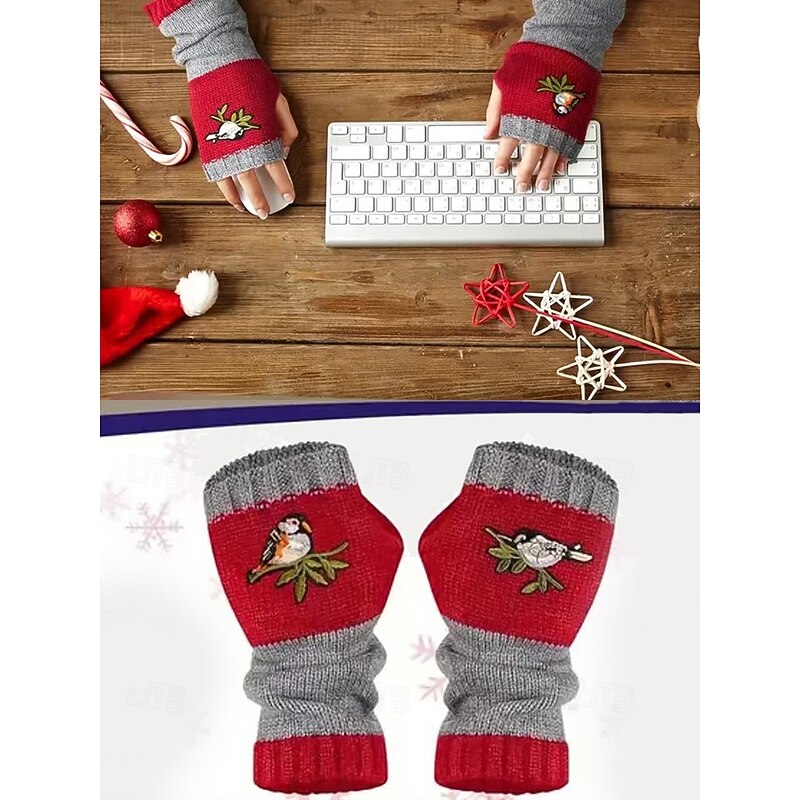 Hand-Knitted Bird Embroidered Fingerless Gloves - Cozy Winter Mittens for Women, Warm Knitted Wool Arm Warmers3