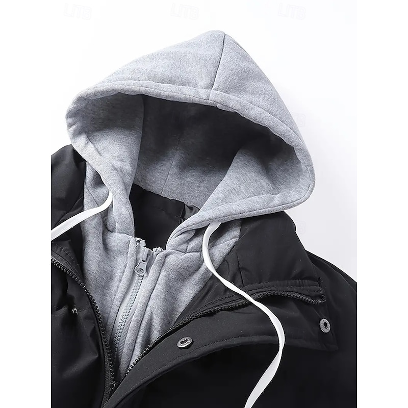 Men's Winter Jacket Puffer Jacket Padded Hooded Fake two piece Polyster Pocket Sports Outdoor Regular Fashion Casual Thermal Warm Windproof Winter Plain Black Blue Beige Puffer Jacket4