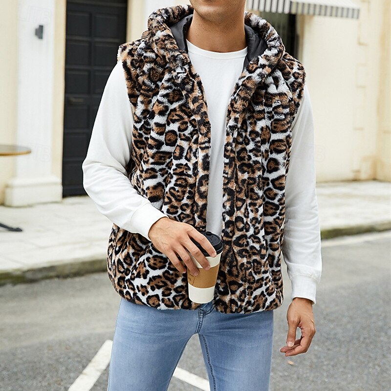 Men's Vest Faux Fur Gilet Daily Date Vacation Fashion Casual Fall & Winter Keep Warm Polyester Comfortable Leopard Print Cardigan Stand Collar Regular Fit White Yellow Brown Vest