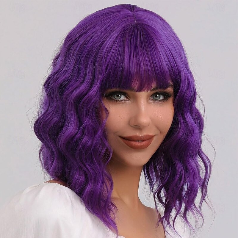 Wig with Bangs Short Wavy Wigs for Women Shoulder Length Curly Bob Wigs Heat Resistant Synthetic Wigs for Cosplay Daily Party Use