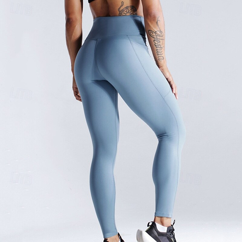 Women's Yoga Pants Yoga Leggings Side Pockets Butt Lift Tummy Control High Waist Pilates Gym Workout Workout Tights Solid Color Black Light Green Light Purple Spandex Fall Sports Activewear Stretchy2