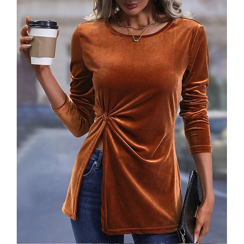 Women's Shirt Velvet Elegant Dressy Solid Color Casual Long Sleeve Bishop Sleeve Crew Neck Regular Tops Daily Tunic Brown Fall Winter