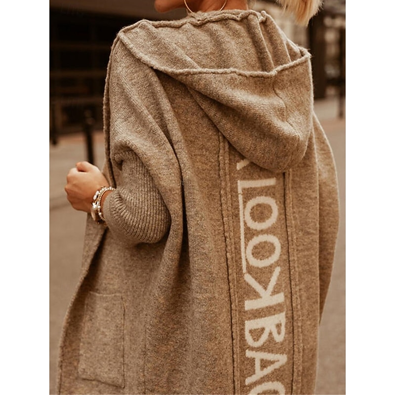 Women's Sweater Cardigan Casual Soft Letter Ribbed Hooded Pocket Knitted Long Sleeve Long Tops Knit Outdoor Daily Weekend Light Brown Blue Fall Winter