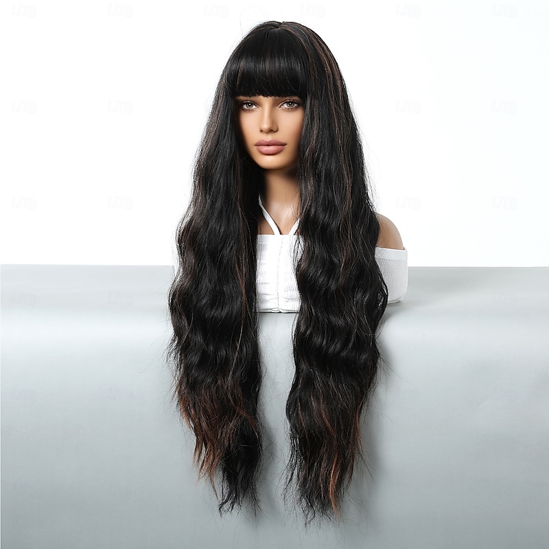 Synthetic Wig Uniforms Career Costumes Princess Curly Wavy Layered Haircut With Bangs Machine Made Wig 30 inch Dark Brown Synthetic Hair Women's Cosplay Party Fashion Brown4