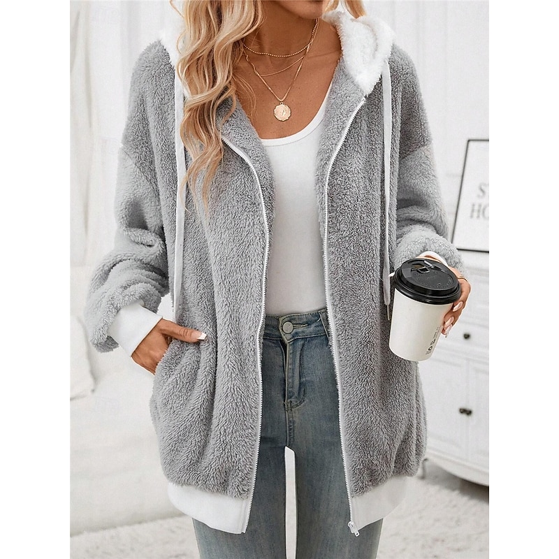 Women's Teddy Coat Hoodie Jacket Outdoor Street Daily Wear Fall Winter Regular Coat Regular Fit Thermal Warm Breathable Stylish Casual Jacket Long Sleeve Plain with Pockets Full Zip Gray