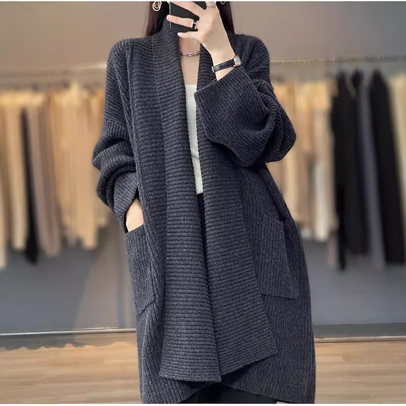 Women's Cardigan Daily Solid Color Open Front Knitted Long Sleeve Long Tops Knit Work Camel Dark Gray Fall Winter4