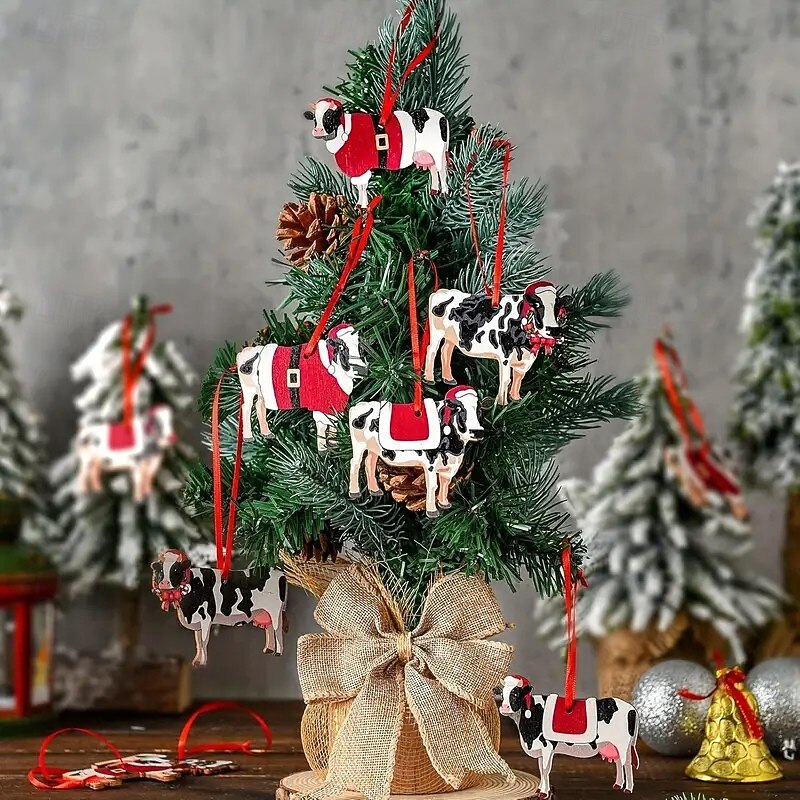 24pcs Christmas Wooden Ornaments, Adorable Cow and Mouse Decorations for Festive Trees, Perfect for Farmhouse Style Home Decor2