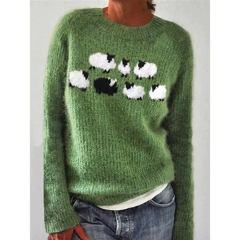 Women's Sweater Pullover Sweater Jumper Casual Soft Animal Ribbed Crew Neck Knitted Long Sleeve Regular Tops Knit Outdoor Daily Weekend Green Dark Gray Fall Winter