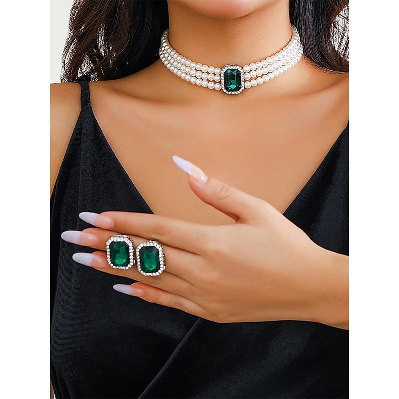 Elegant Women's Pearl Choker Necklace Set with Green Gemstone and Matching Bracelet & Earrings – Formal Occasion Jewelry2