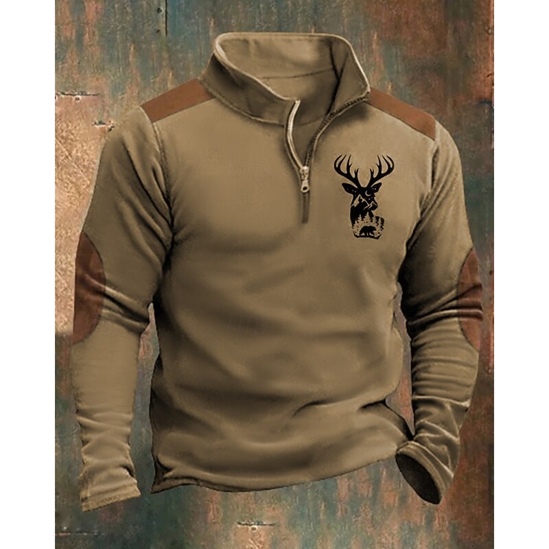 Men's Sweatshirt Quarter Zip Sweatshirt Blue Brown Khaki Light Grey Dark Gray Half Zip Reindeer Print Christmas Daily Holiday Polyester Streetwear Casual Bavarian Fall & Winter Clothing Apparel3