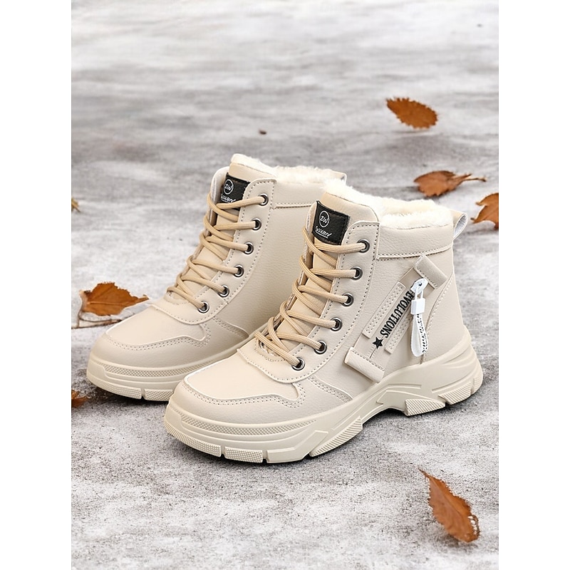 Women's Lace-Up Ankle Boots with Warm Fur Lining – Stylish Beige Winter Boots for Outdoor Cold Weather Comfort