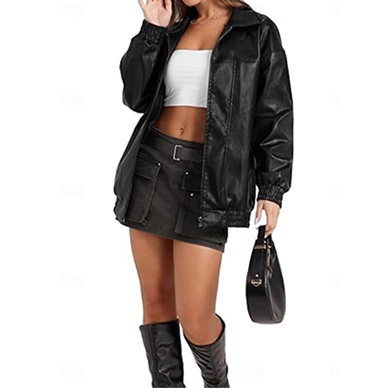 Women's Faux Leather Jacket Casual Jacket Outdoor Street Daily Wear Fall Winter Regular Coat Regular Fit Thermal Warm Breathable Stylish Casual Jacket Long Sleeve Plain with Pockets Full Zip Black3