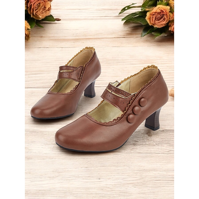 Women's Burgundy Vintage Mary Jane Heels with Decorative Buttons and Scalloped Edges - Classic Style for Office and Formal Events