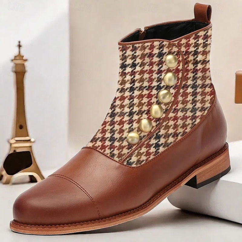 Men's Vintage Houndstooth Ankle Boots with Faux Leather Accents and Decorative Buttons – Stylish Formal Boots for Fall and Winter