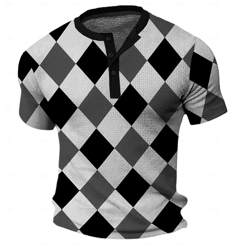 Men's Plaid Waffle Shirt Short Sleeve 3D Print Vacation Fashion Vacation Casual Daily Summer Spring Black Red Blue Brown Henley Henley T-Shirt4