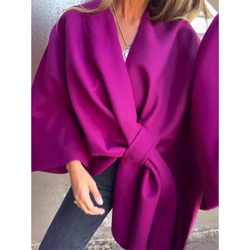 Women's Cloak / Capes Outdoor Street Daily Wear Fall Winter Regular Coat Regular Fit Thermal Warm Breathable Stylish Casual Jacket Long Sleeve Plain Oversize Fuchsia Brown Khaki3