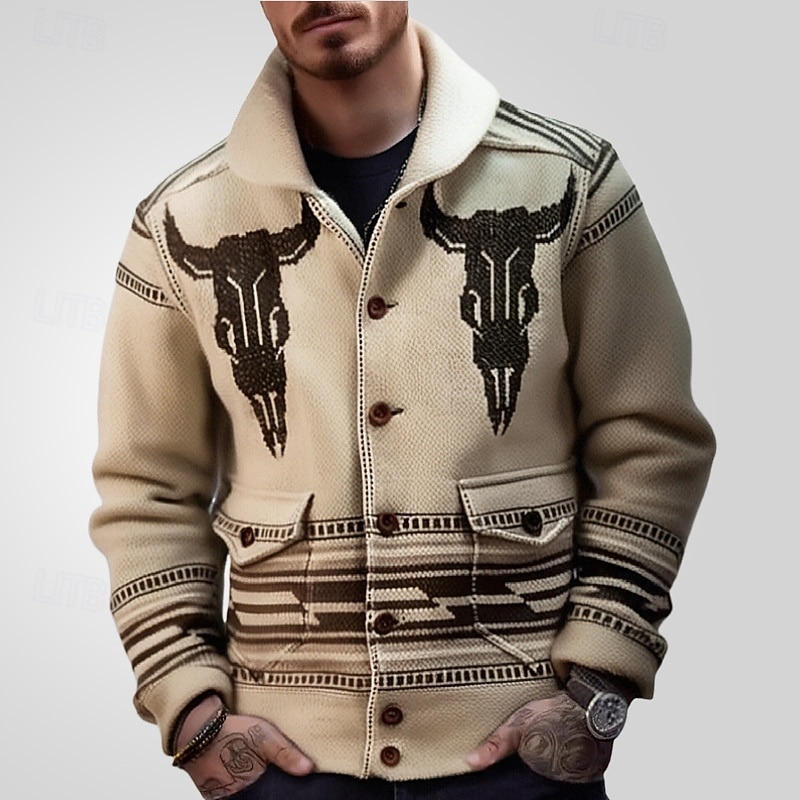 Men's Jacquard Sweater Cardigan Sweater Cropped  Sweater Ribbed Knit Regular Button Up Knitted Antelope Lapel Fashion Classic Daily Wear Date Clothing Apparel Fall & Winter khaki M L XL