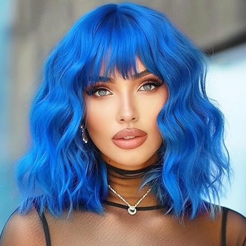 Wig Short Curly Wavy Wig with Bangs for Women Shoulder Length Bob Wig Women's Colorful Synthetic Heat Resistant Fiber Wigs for Cosplay Christmas Party Wigs